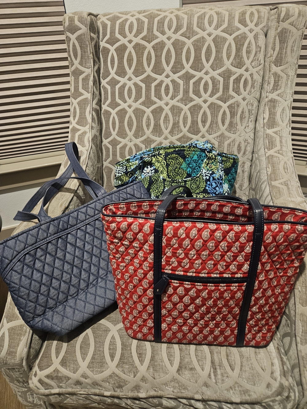 Vera Bradley Red Quilted Tote with Navy Trim and Blue Quilted Companion